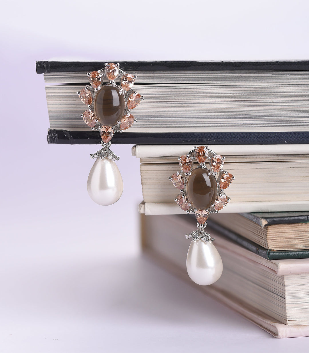 SILVER FINISH CITRINE STUD WITH PEARL DROP