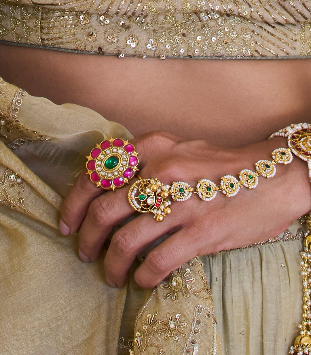 DAMINI RED & GREEN KUNDAN RING