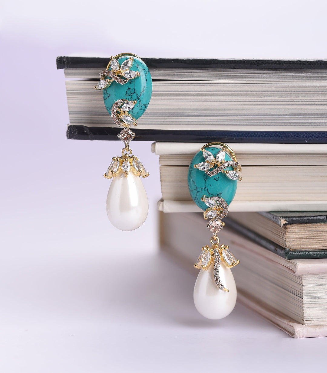 SILVER FINISH TURQUOISE & STUD WITH PEARL DROP