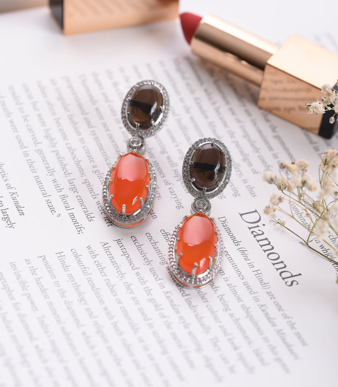 SILVER FINISH CORAL & BLACK ZIRCON EARRING