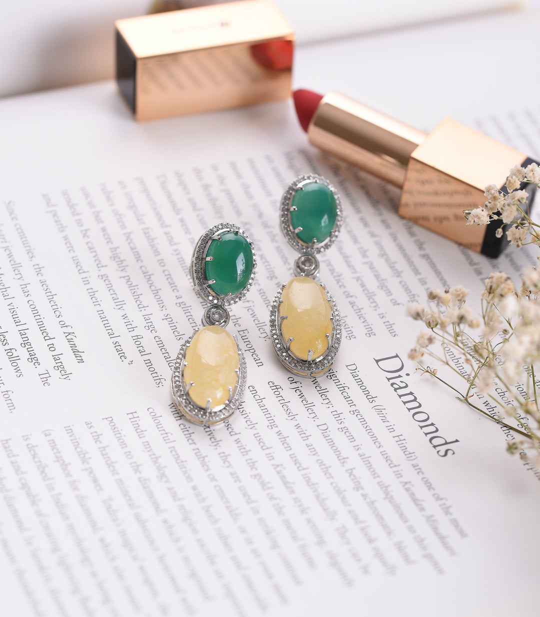 SILVER FINISH GREEN & YELLOW SMALL EARRING