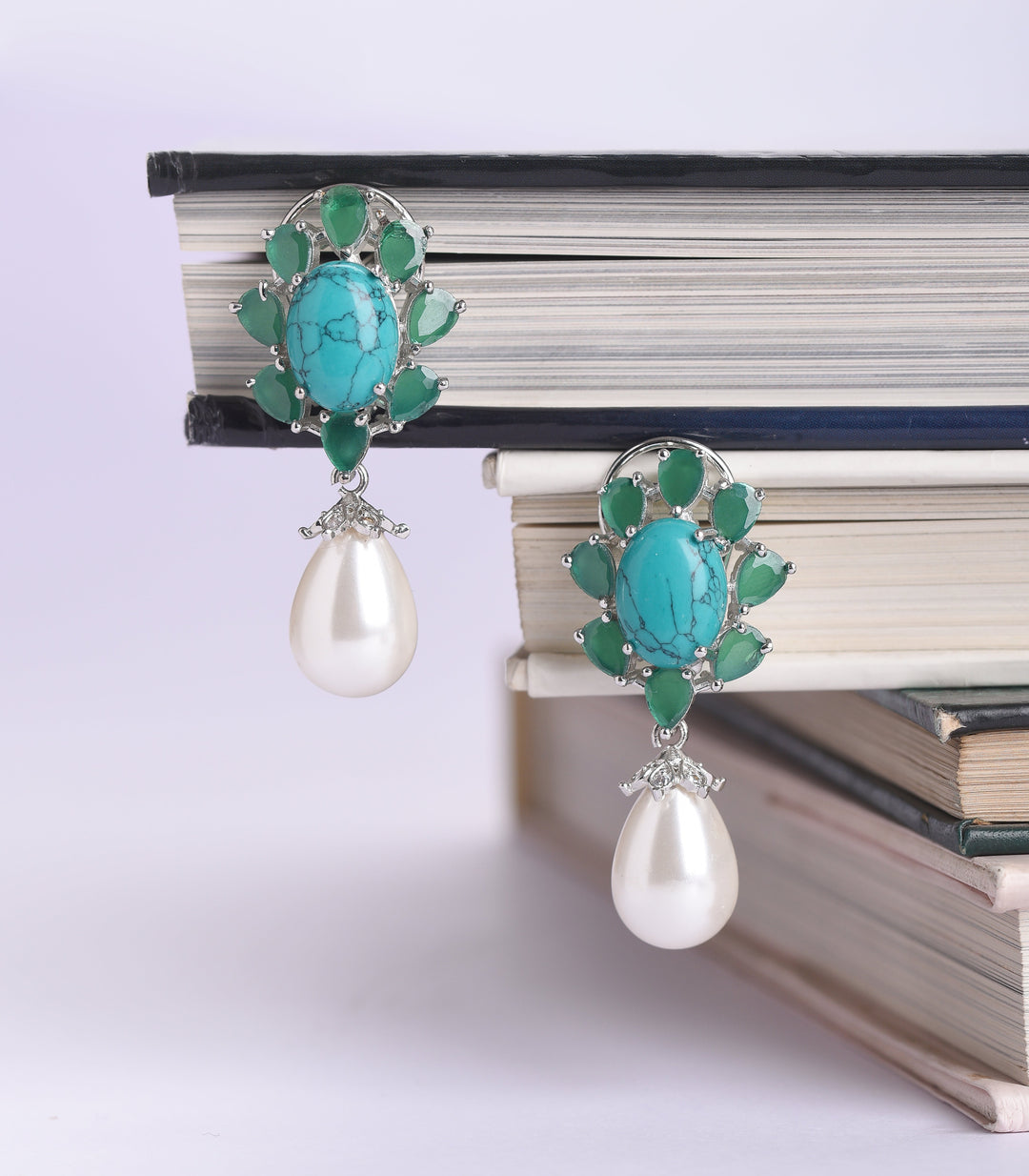 SILVER FINISH GREEN & TURQUOISE STUD WITH PEARL DROP
