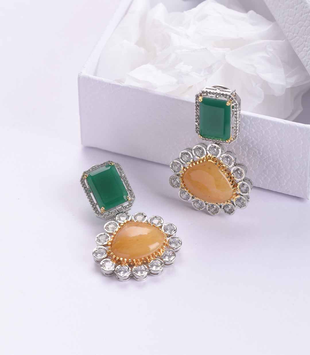 SILVER FINISH GREEN & YELLOW EARRING