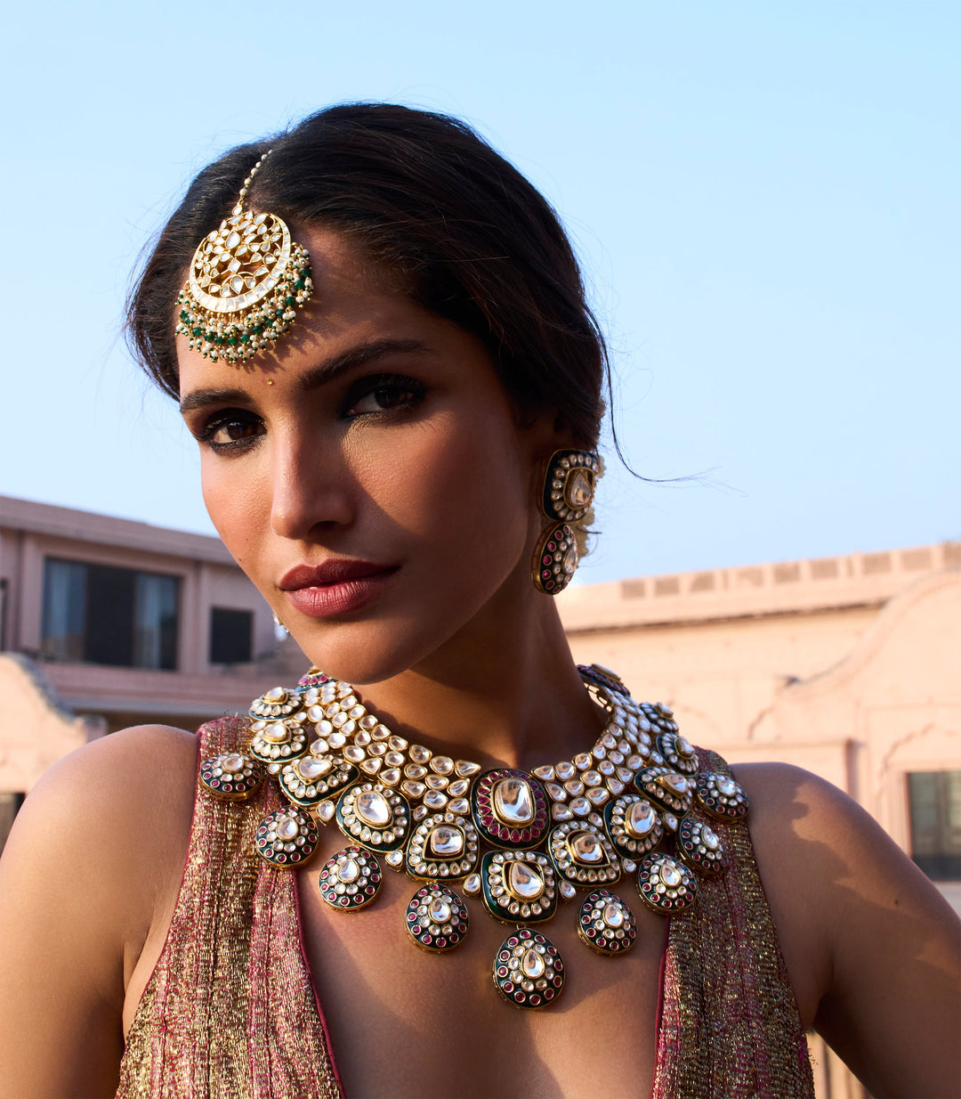 MANASVINI RED & GREEN POLKI NECKLACE SET