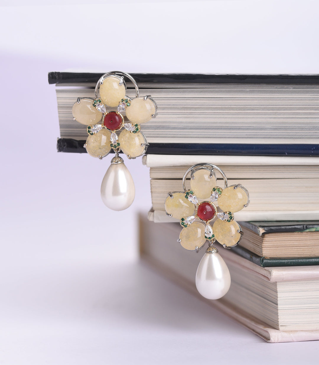 SILVER FINISH YELLOW CALCITE & RUBY STUD WITH PEARL DROP