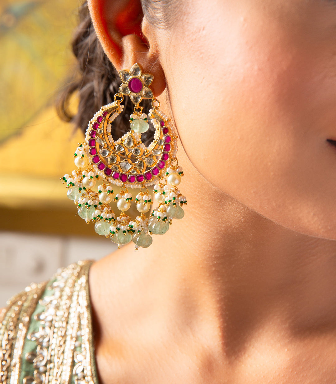 ADITA RED & GREEN KUNDAN CHANDBALI