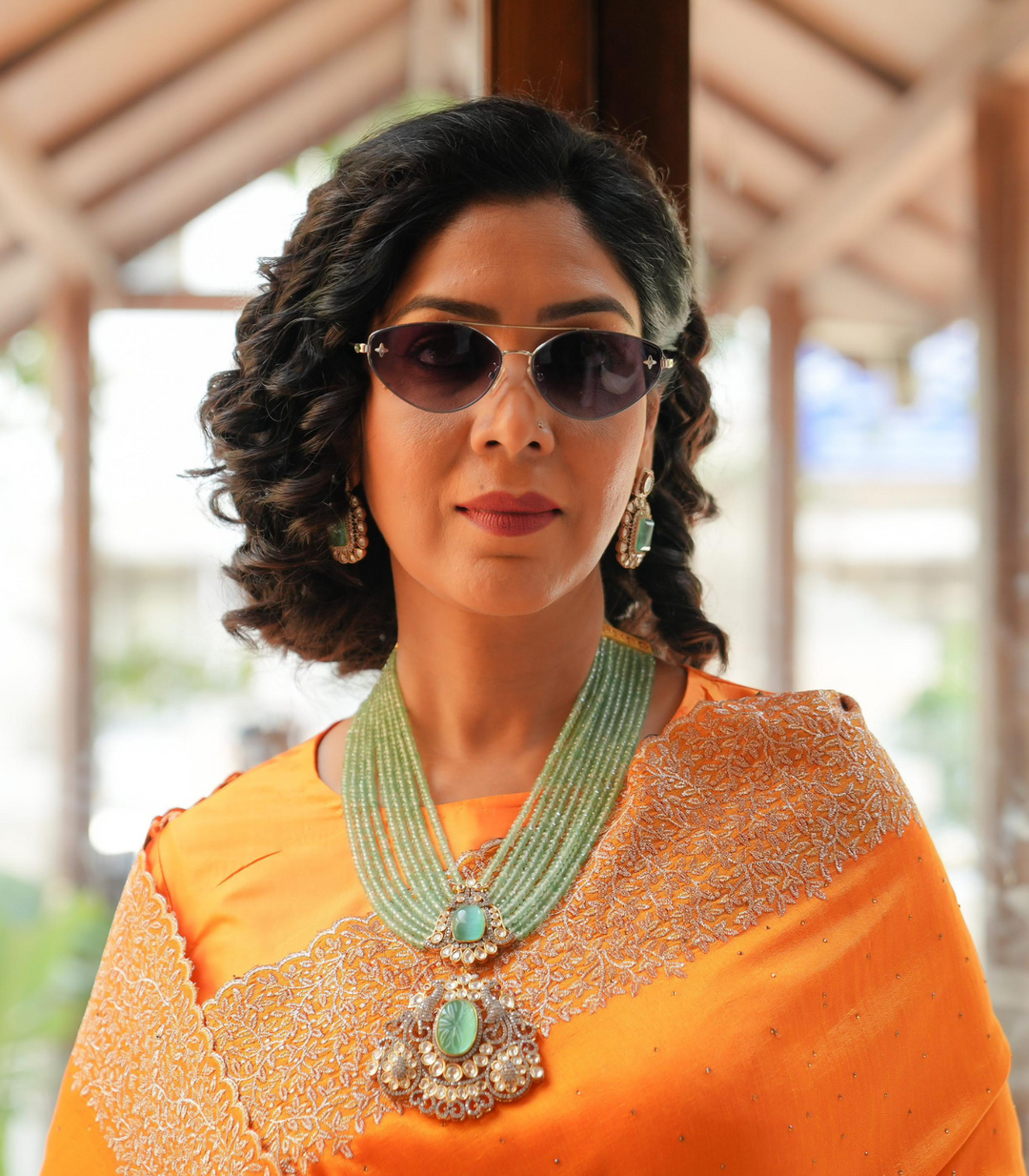 Sakshi Tanwar in Mint Flourite Polki Long Necklace