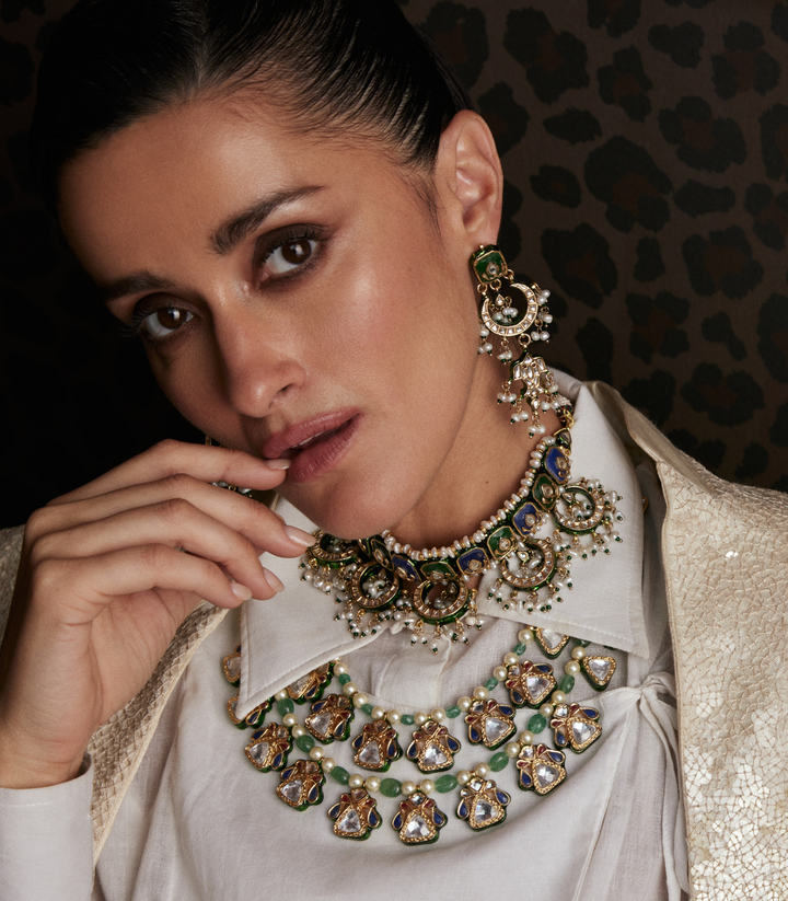 GAURIKA BLUE & REEN KUNDAN LONG NECKLACE