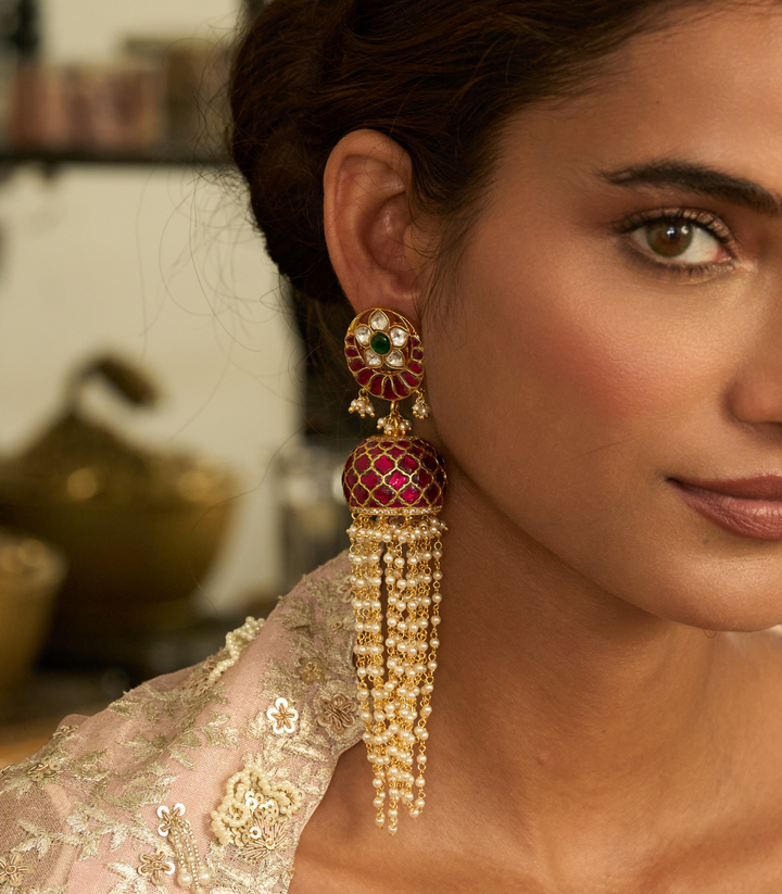 TEJSHRI RED & GREEN KUNDAN JHUMKA