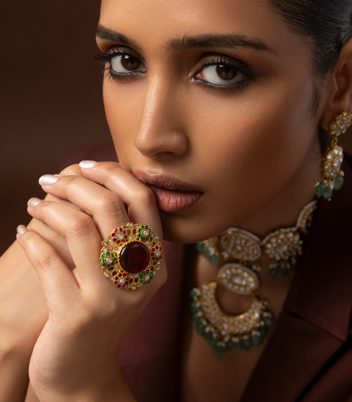 TRIPAVI RED & GREEN KUNDAN RING