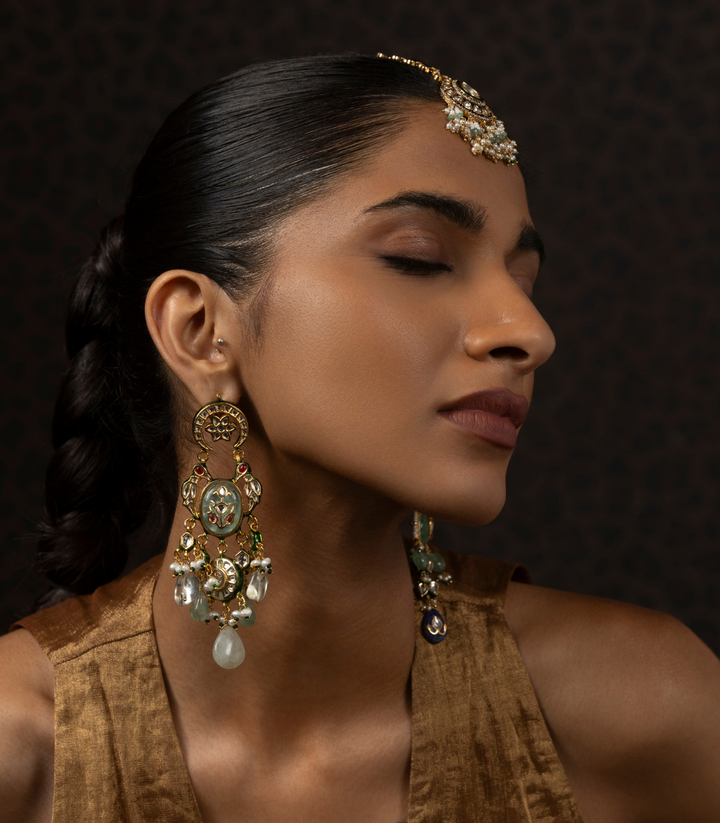 PRISHA GREEN KUNDAN STATEMENT EARRING