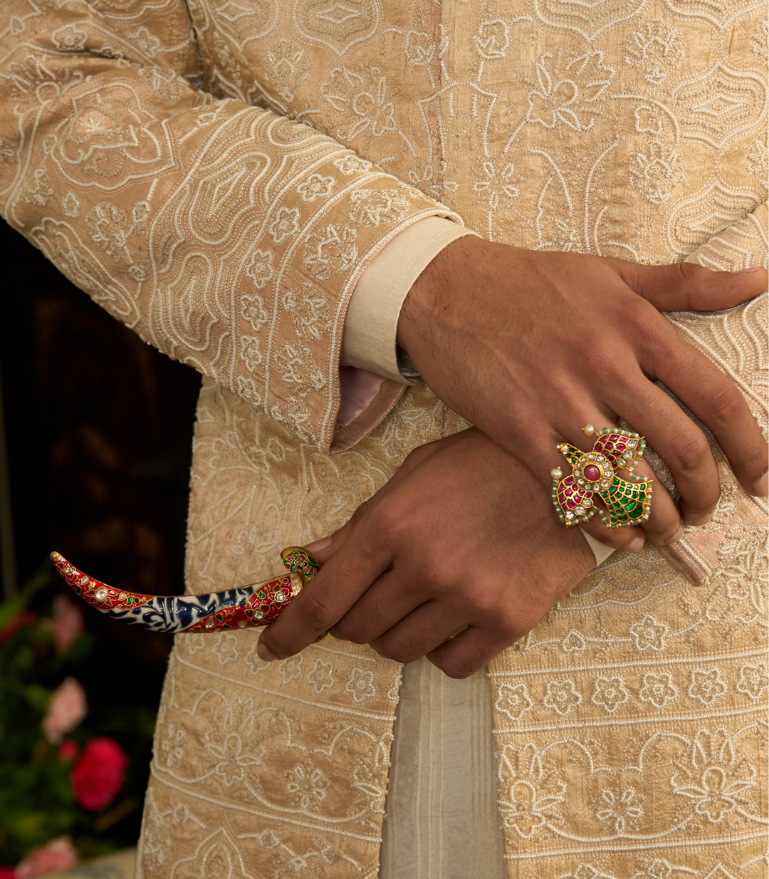 MANSI RED & GREEN KUNDAN RING