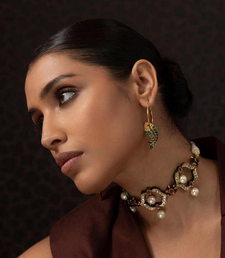 MIRA RED & GREEN KUNDAN REVERSIBLE STATEMENT EARRING