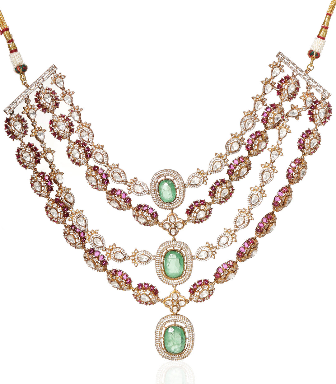 AVLEEN RED & MINT POLKI LONG NECKLACE SET