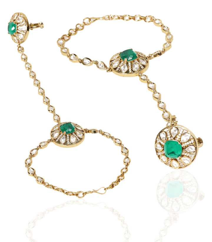 KYRA ANTIQUE FINISH GREEN POLKI HATHPHOOL
