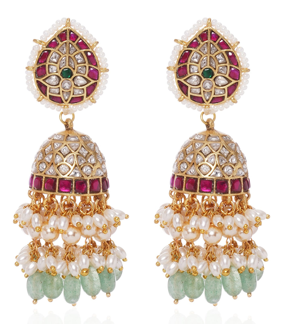 HRITIKA RED & GREEN  KUNDAN NECKLACE SET WITH GREEN & WHITE DROPS