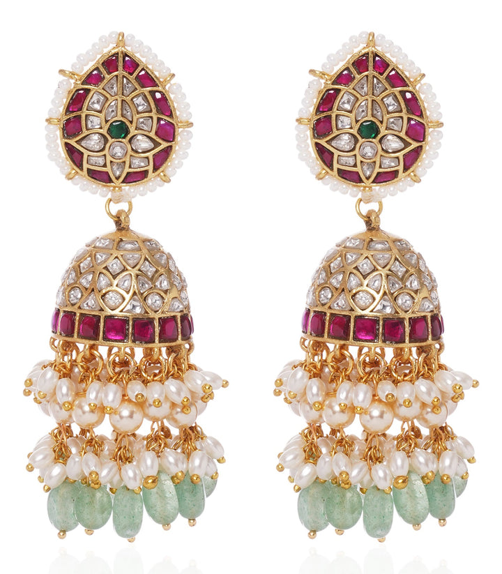 HRITIKA RED & GREEN  KUNDAN NECKLACE SET WITH GREEN & WHITE DROPS