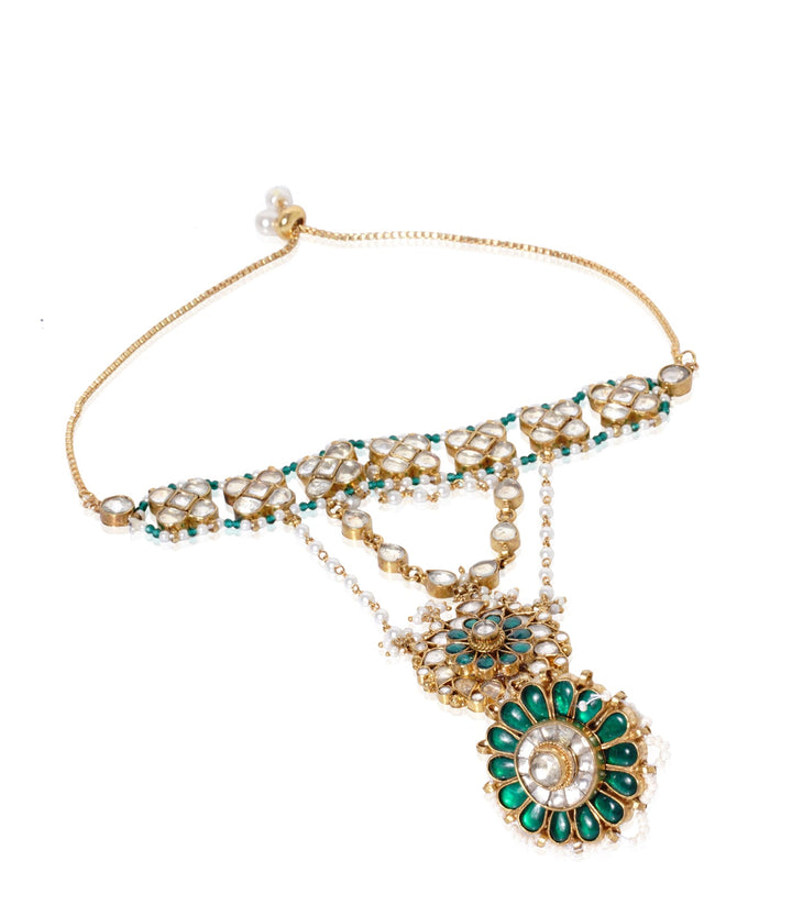 GOLD PLATED GREEN KUNDAN HATHPHOOL