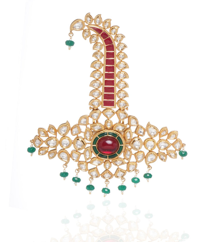 GOLD PLATED RED & GREEN RAJPUT KUNDAN KALGI