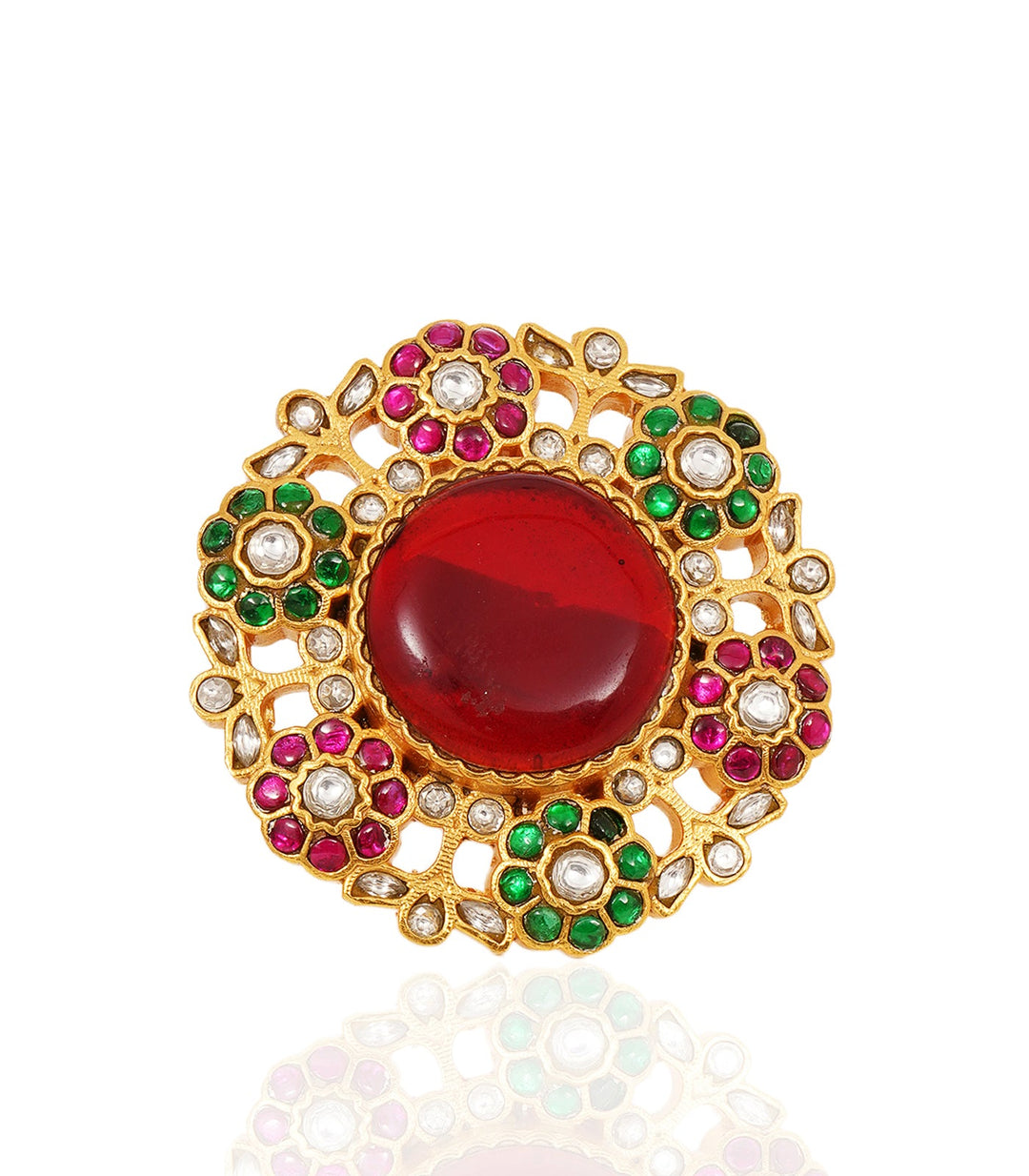 TRIPAVI RED & GREEN KUNDAN RING