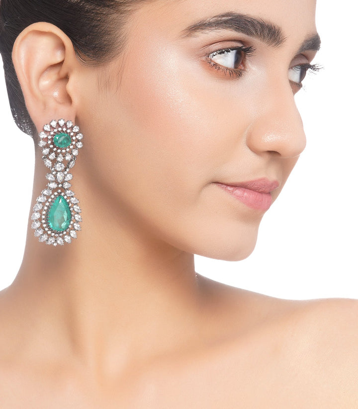 ELAKSHI SILVER FINISH GREEN EARRING
