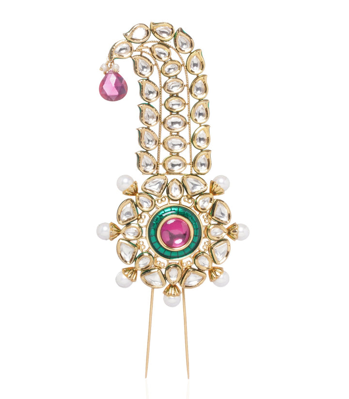 GOLD PLATED PINK AND GREEN ROYAL KUNDAN KALGI WITH PEARLS