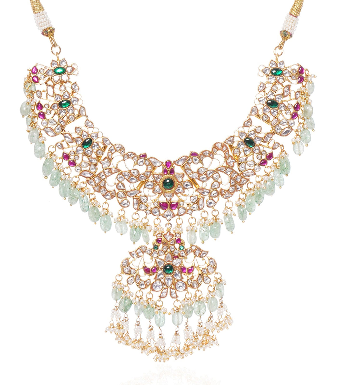 HRITIKA RED & GREEN  KUNDAN NECKLACE SET WITH GREEN & WHITE DROPS