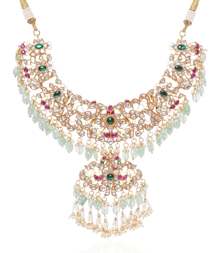 HRITIKA RED & GREEN  KUNDAN NECKLACE SET WITH GREEN & WHITE DROPS