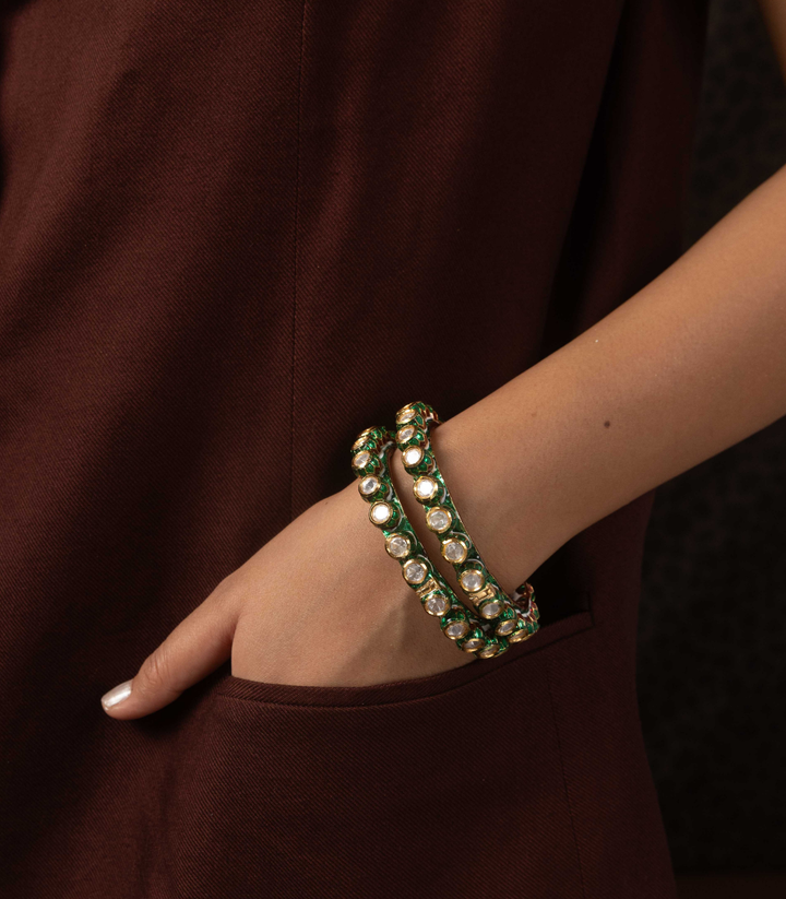 SAHANA GOLD PLATED GREEN MEENA KUNDAN BANGLES
