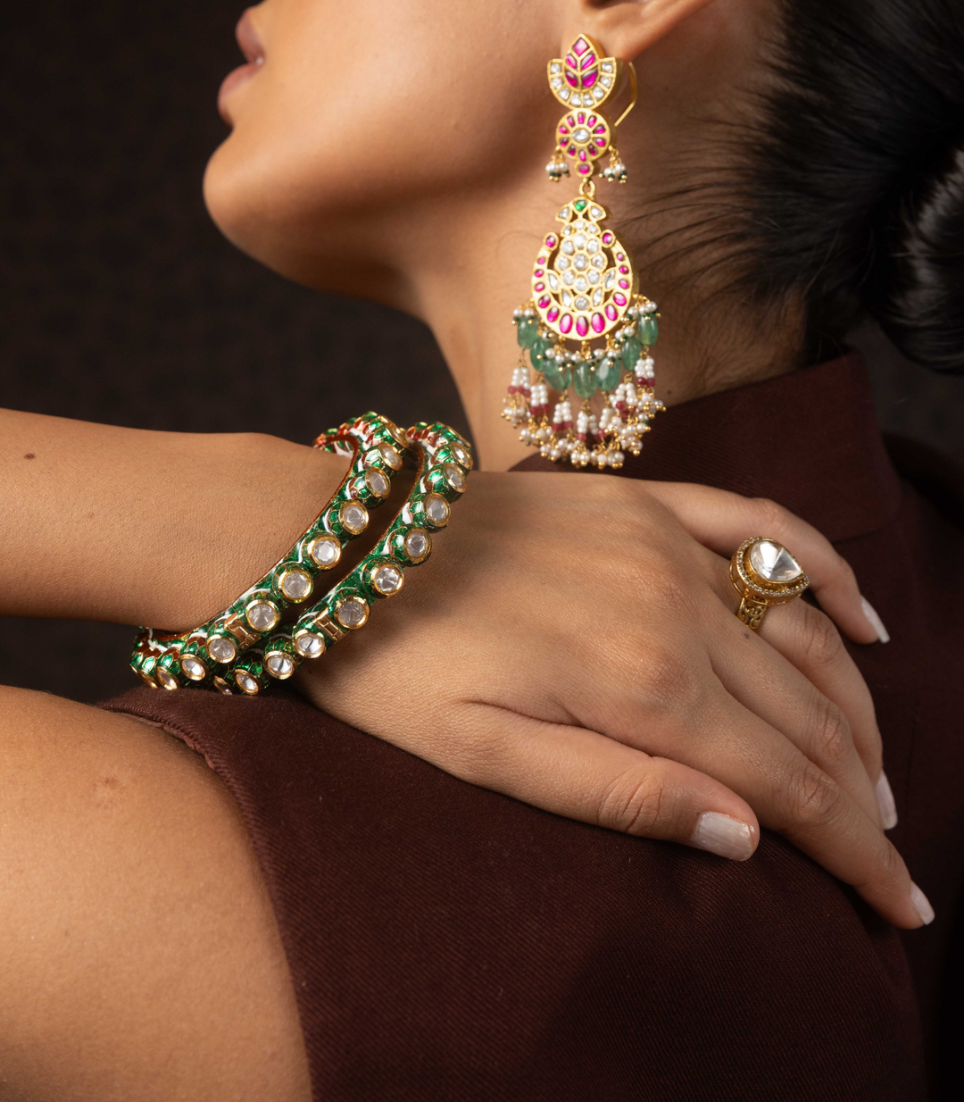 SAHANA GOLD PLATED GREEN MEENA KUNDAN BANGLES