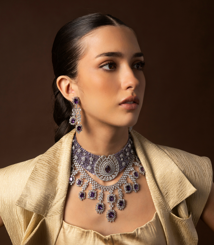 HARSHITA SILVER FINISH PURPLE NECKLACE SET