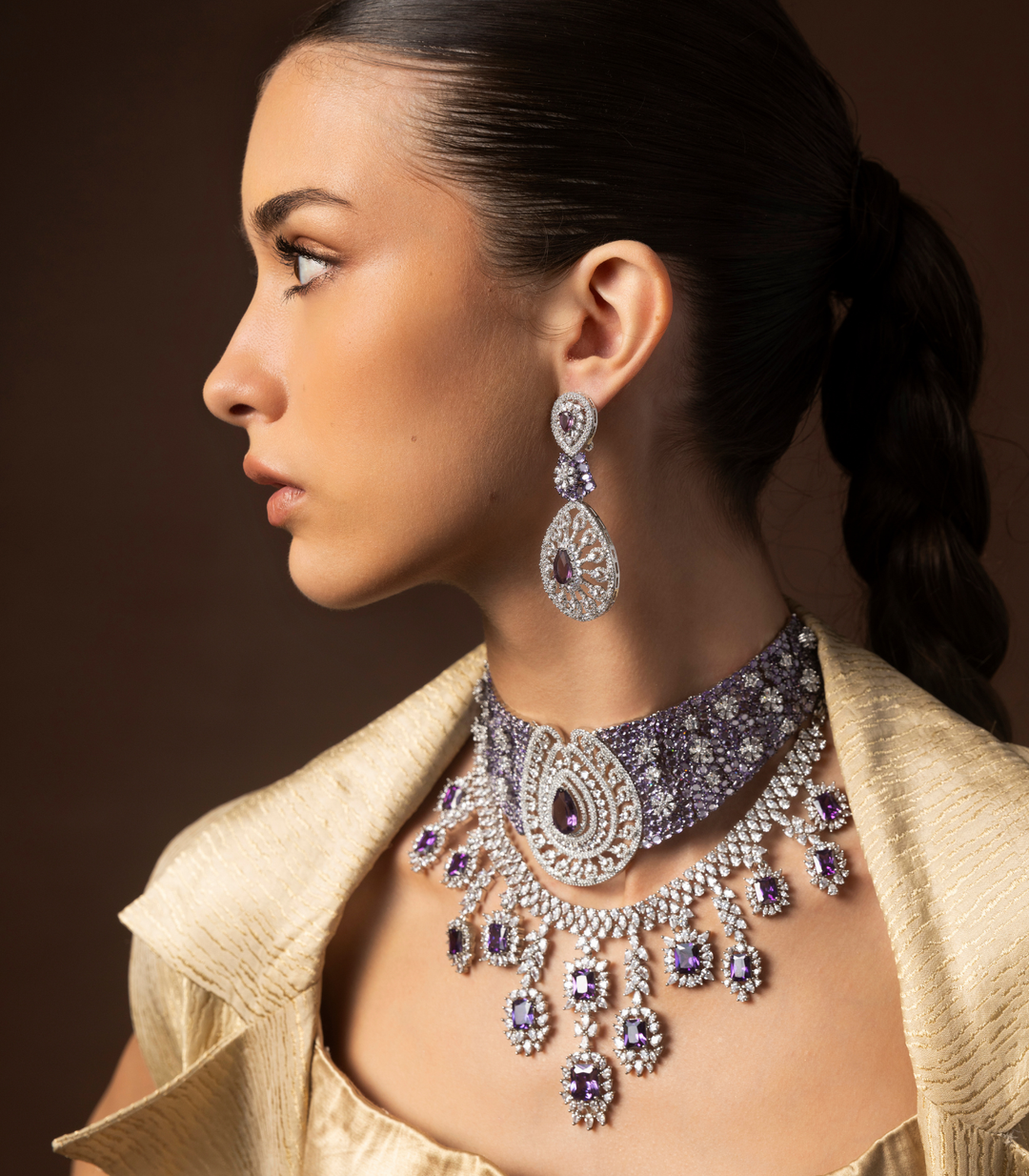 HARSHITA SILVER FINISH PURPLE NECKLACE SET