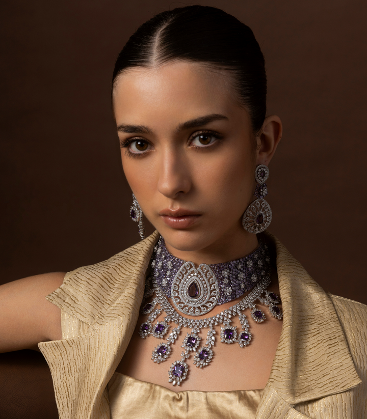 HARSHITA SILVER FINISH PURPLE NECKLACE SET