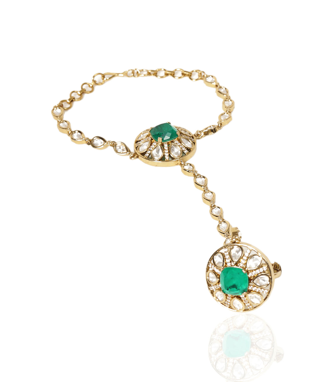 KYRA ANTIQUE FINISH GREEN POLKI HATHPHOOL