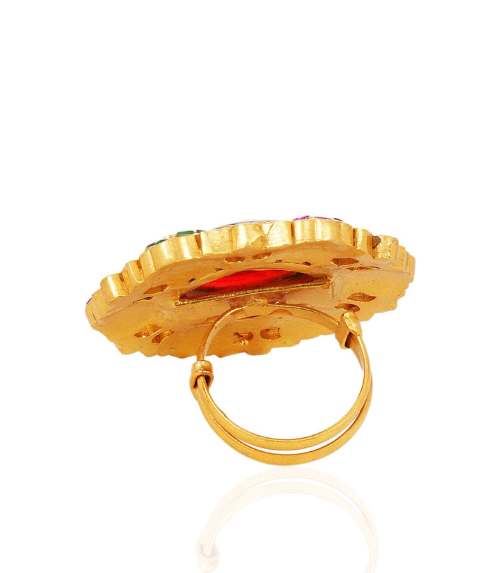 TRIPAVI RED & GREEN KUNDAN RING