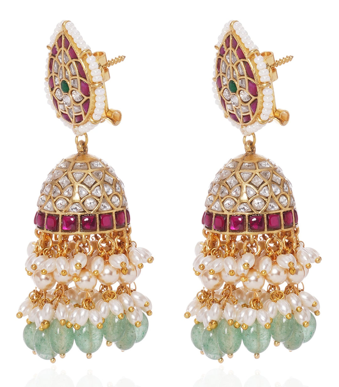 HRITIKA RED & GREEN  KUNDAN NECKLACE SET WITH GREEN & WHITE DROPS
