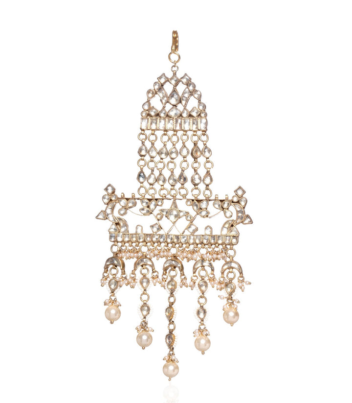 GOLD PLATED KUNDAN PASSA WITH WHITE PEARLS DROPS
