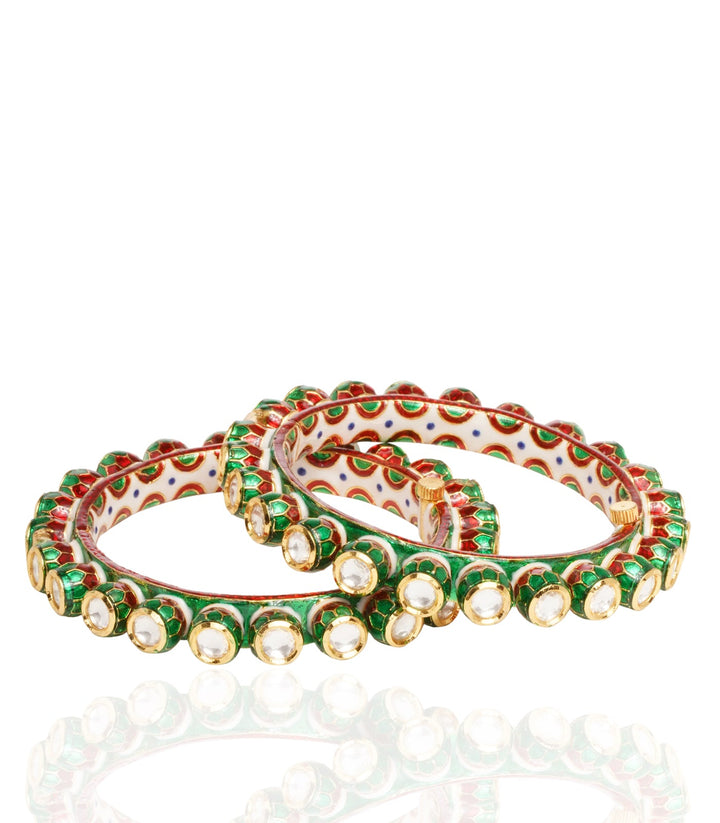 SAHANA GOLD PLATED GREEN MEENA KUNDAN BANGLES