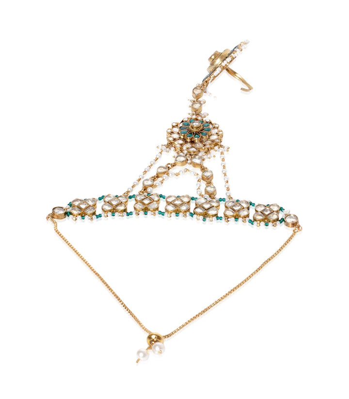 GOLD PLATED GREEN KUNDAN HATHPHOOL