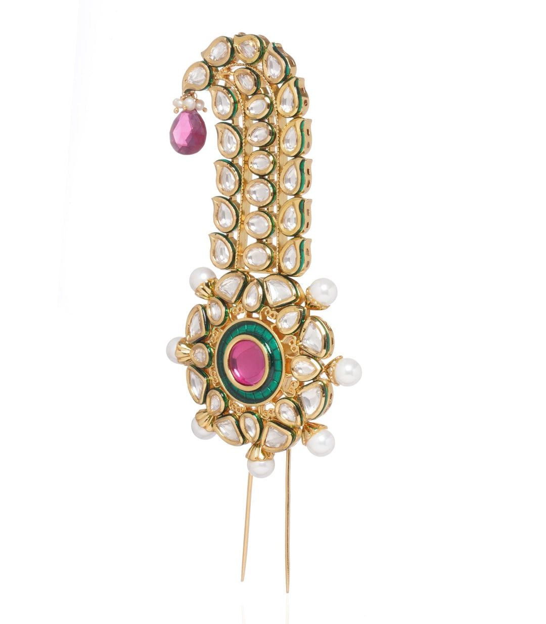 GOLD PLATED PINK AND GREEN ROYAL KUNDAN KALGI WITH PEARLS