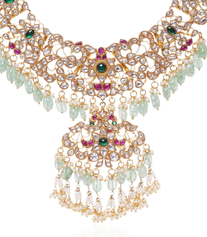 HRITIKA RED & GREEN  KUNDAN NECKLACE SET WITH GREEN & WHITE DROPS