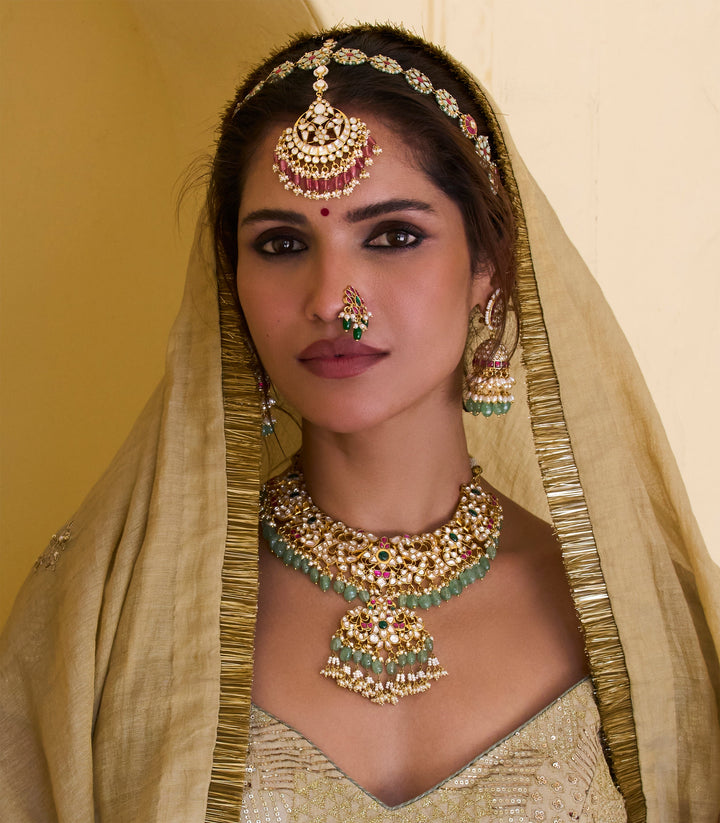 HRITIKA RED & GREEN  KUNDAN NECKLACE SET WITH GREEN & WHITE DROPS