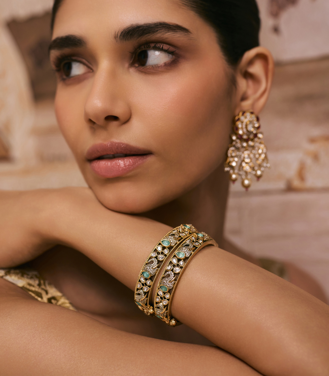 ESHNI MINT ANTIQUE FINISH POLKI BANGLES