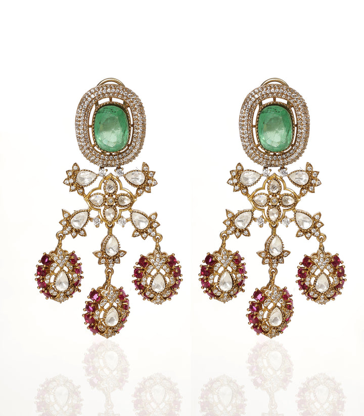 AVLEEN RED & MINT POLKI LONG NECKLACE SET