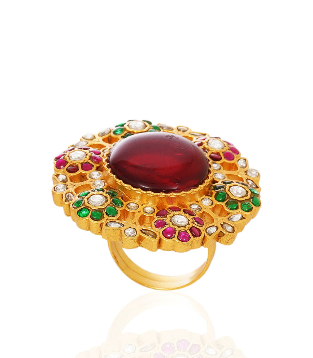 TRIPAVI RED & GREEN KUNDAN RING