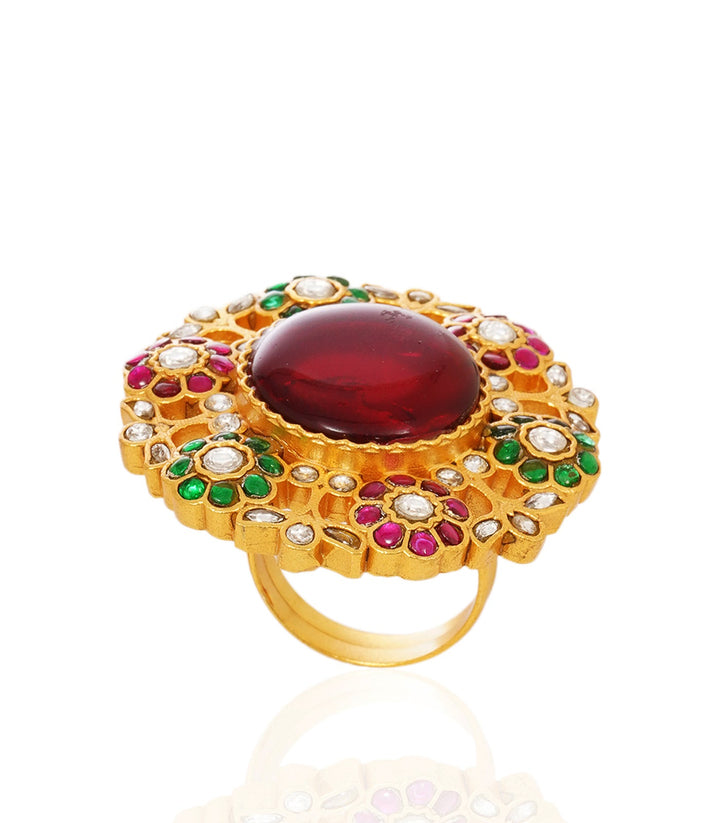 TRIPAVI RED & GREEN KUNDAN RING