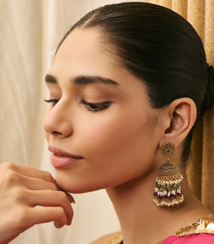 TANYA RED & GREEN GOLD PLATED JHUMKA