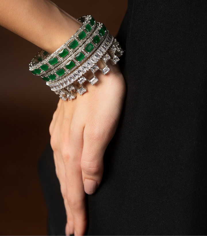 SILVER FINISH ZIRCON BANGLES  SET OF TWO