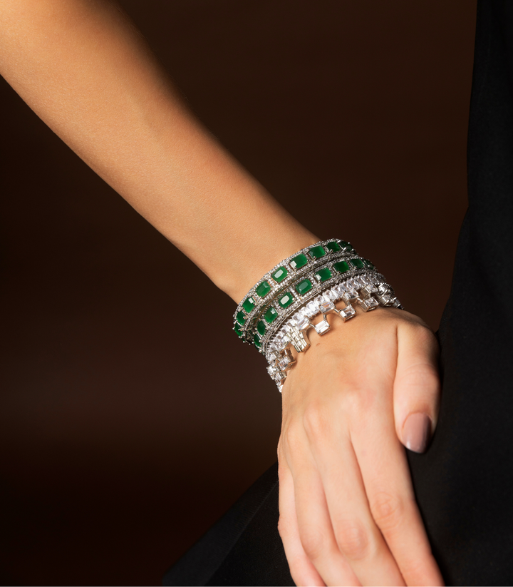 SILVER FINISH ZIRCON BANGLES  SET OF TWO