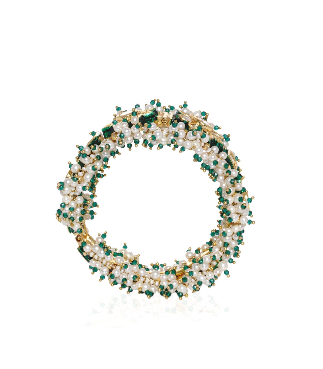 VISHNUPRIYA GOLD PLATED WHITE & GREEN KUNDAN BANGLE